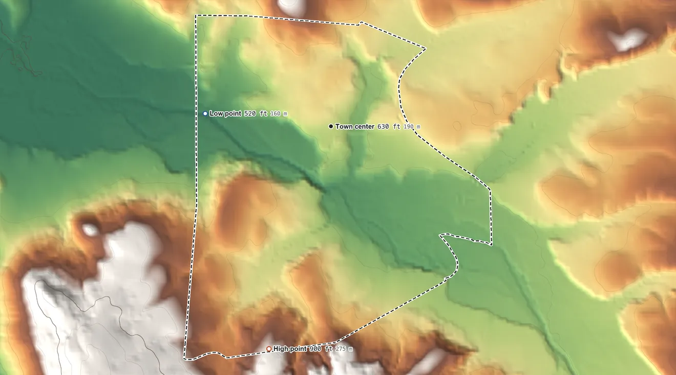 Topographic elevation map of Holley, Oregon, shaded from 520 ft on the west side to 900 ft at the foot of the Coburg Hills