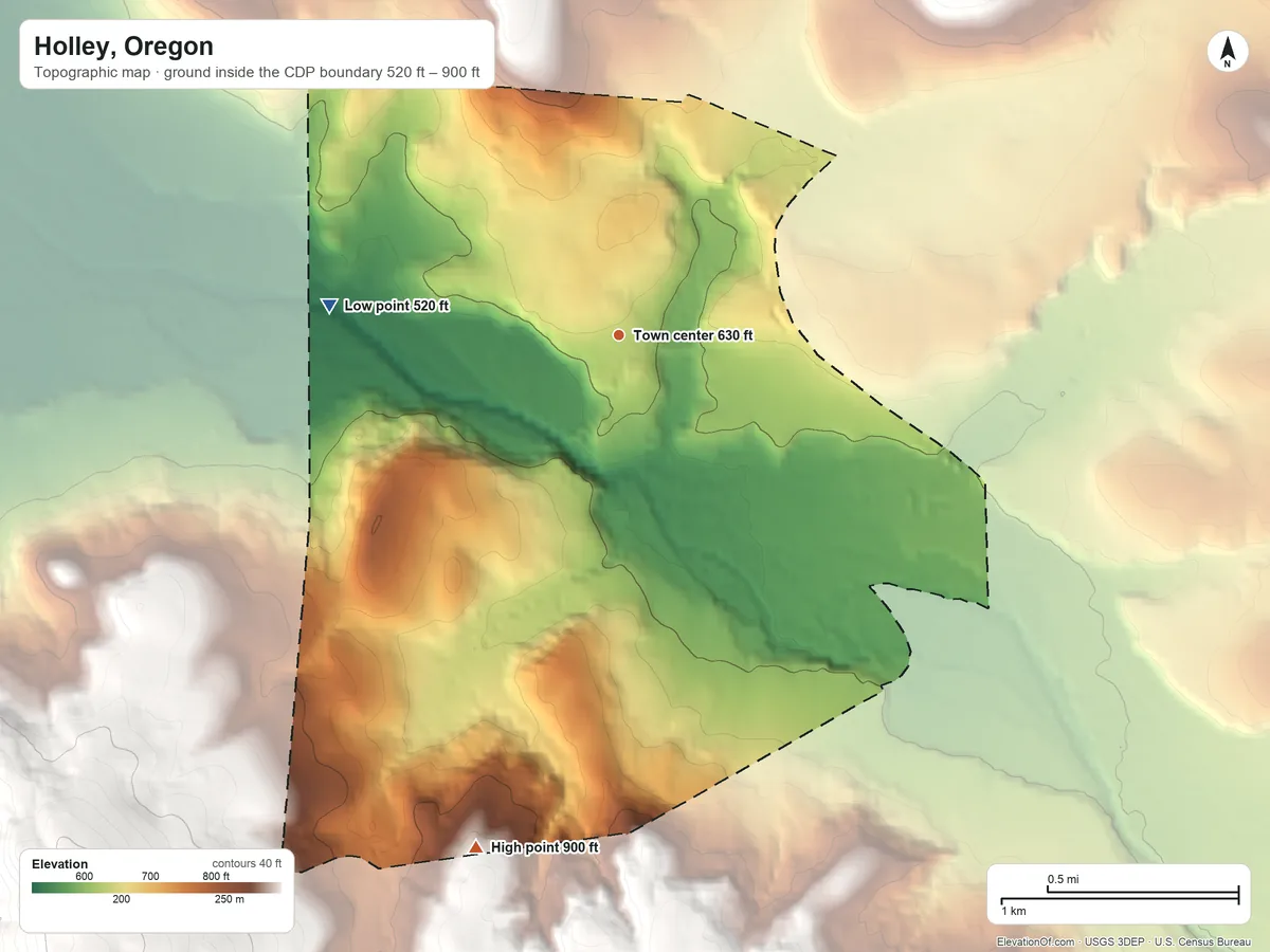 Topographic elevation map of Holley, Oregon, shaded from 520 ft on the west side to 900 ft at the foot of the Coburg Hills