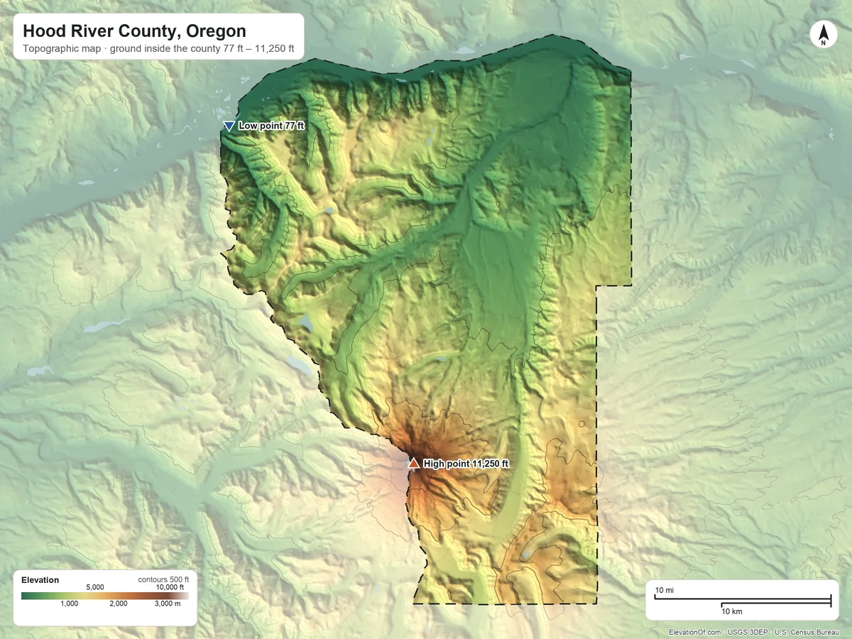 Topographic elevation map of Hood River County, Oregon, shaded from 77 ft on the northwest side to 11,250 ft on Mount Hood