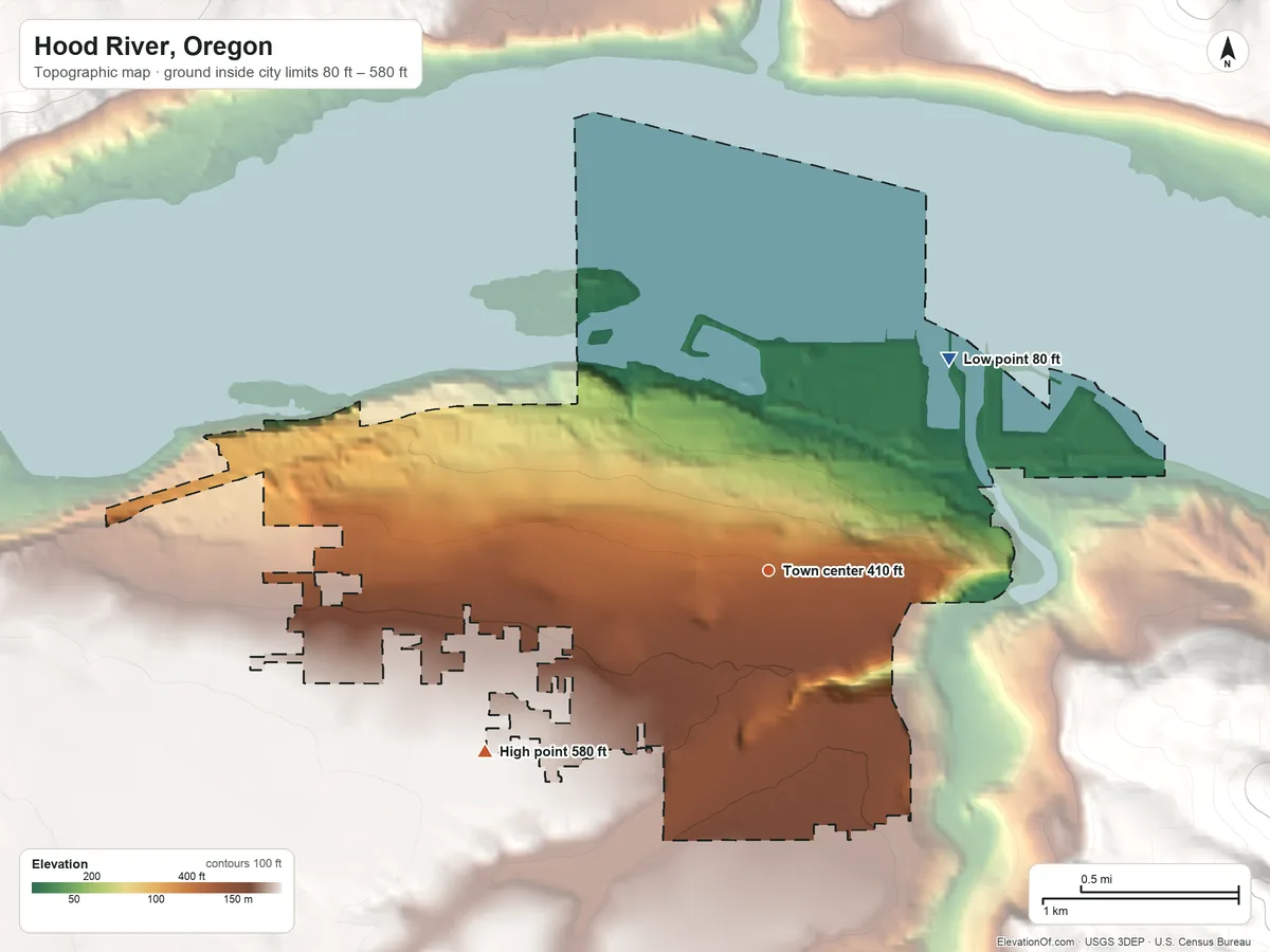 Topographic elevation map of Hood River, Oregon, shaded from 80 ft on the northeast side to 580 ft on the southwest side