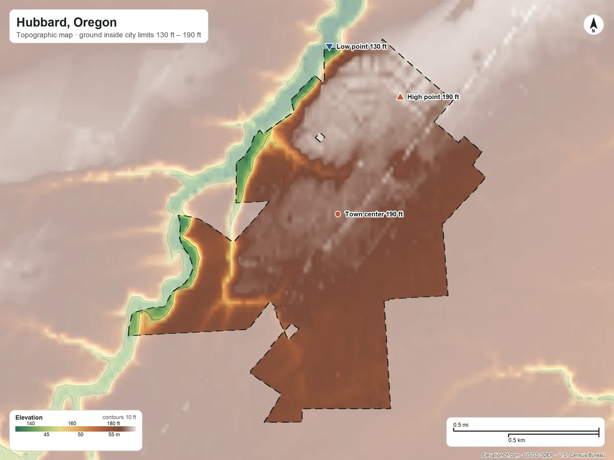 Topographic elevation map of Hubbard, Oregon, shaded from 130 ft on the north side to 190 ft on the northeast side