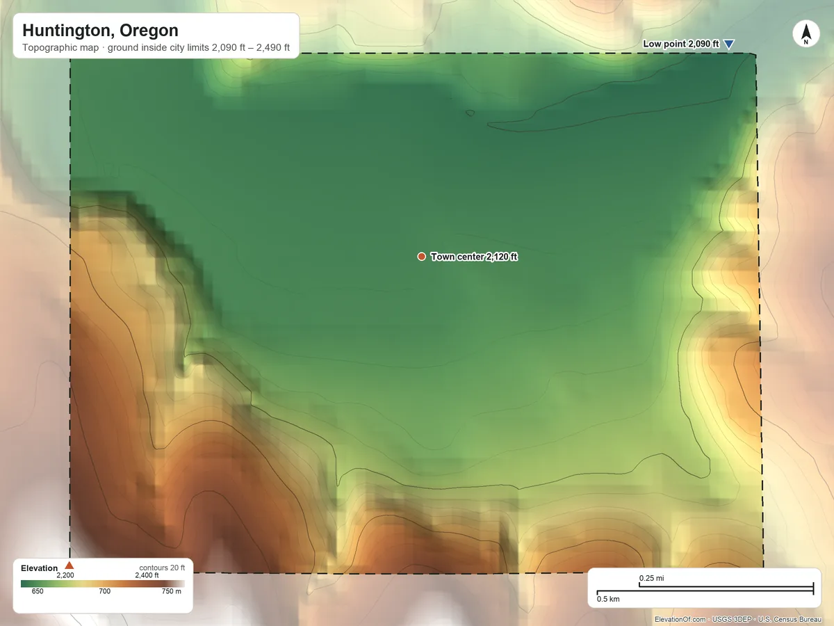 Topographic elevation map of Huntington, Oregon, shaded from 2,090 ft on the northeast side to 2,490 ft on the southwest edge, below higher ground just outside