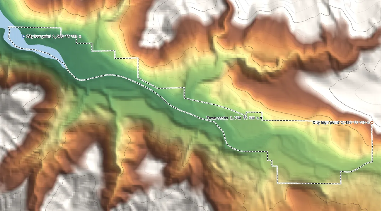 Topographic elevation map of Idanha, Oregon, shaded from 1,560 ft on the west side to 2,420 ft on the east edge, below higher ground just outside