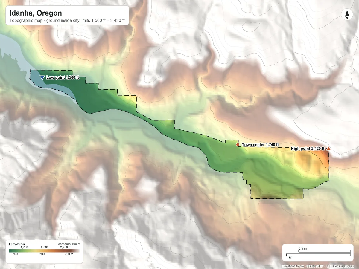 Topographic elevation map of Idanha, Oregon, shaded from 1,560 ft on the west side to 2,420 ft on the east edge, below higher ground just outside