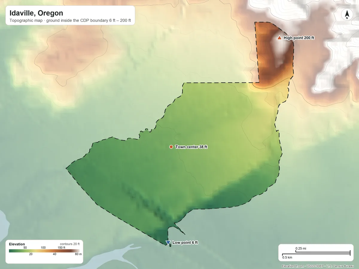 Topographic elevation map of Idaville, Oregon, shaded from 6 ft on the south side to 200 ft on the northeast edge, below higher ground just outside