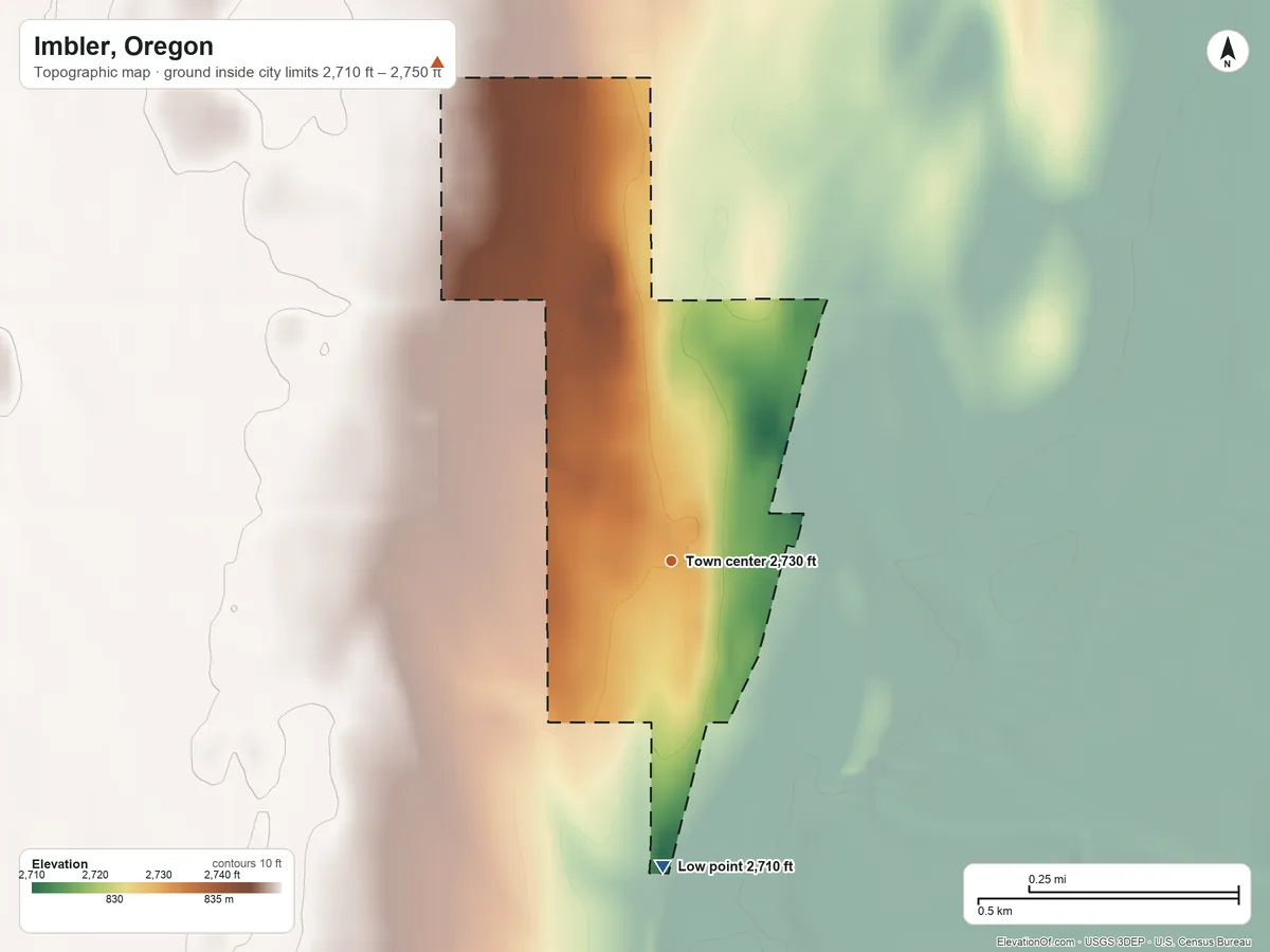 Topographic elevation map of Imbler, Oregon, shaded from 2,710 ft on the south side to 2,750 ft on the northwest side