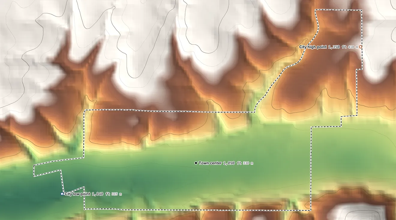Topographic elevation map of Ione, Oregon, shaded from 1,040 ft on the west side to 1,350 ft on the northeast edge, below higher ground just outside