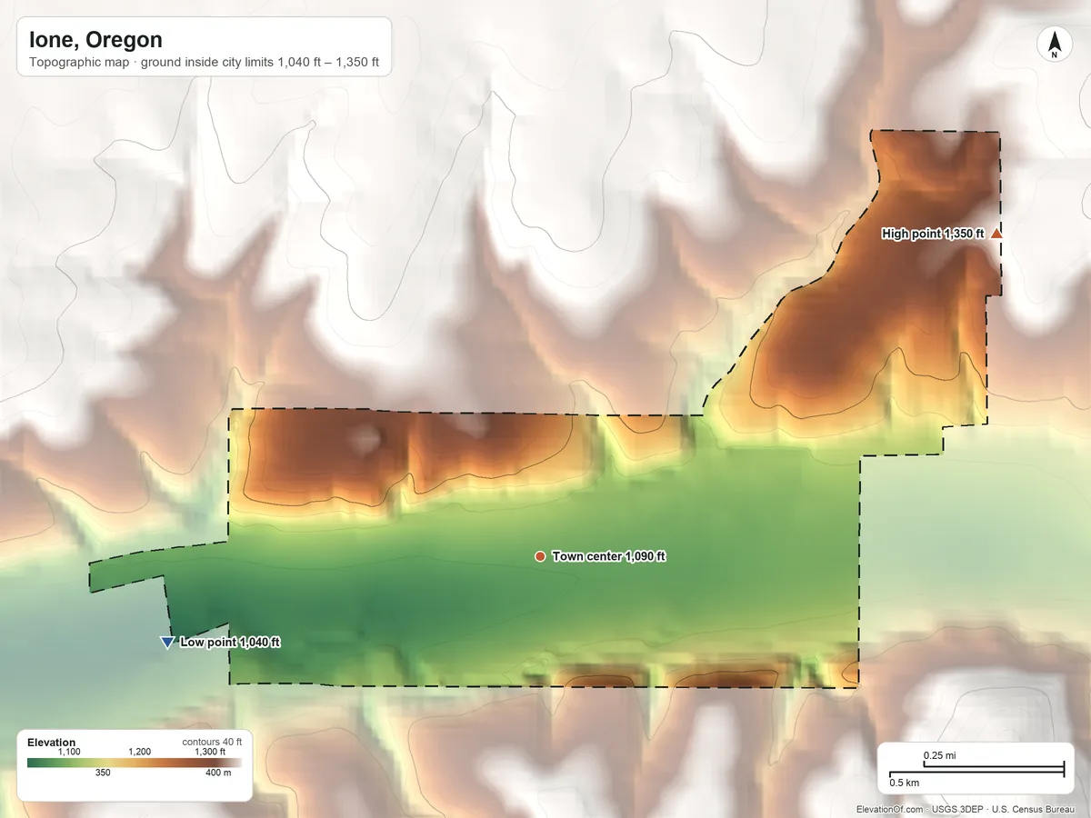Topographic elevation map of Ione, Oregon, shaded from 1,040 ft on the west side to 1,350 ft on the northeast edge, below higher ground just outside