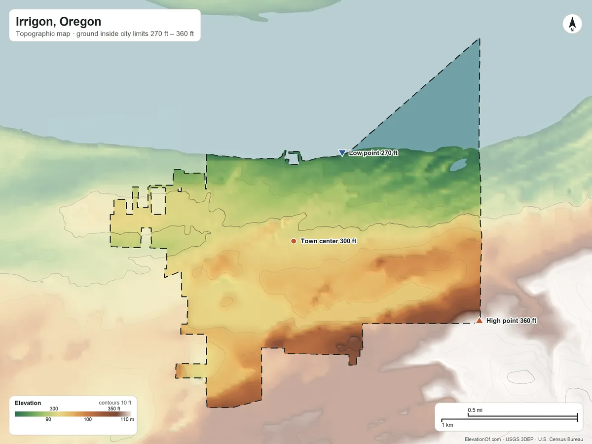 Topographic elevation map of Irrigon, Oregon, shaded from 270 ft on the northeast side to 360 ft on the southeast side