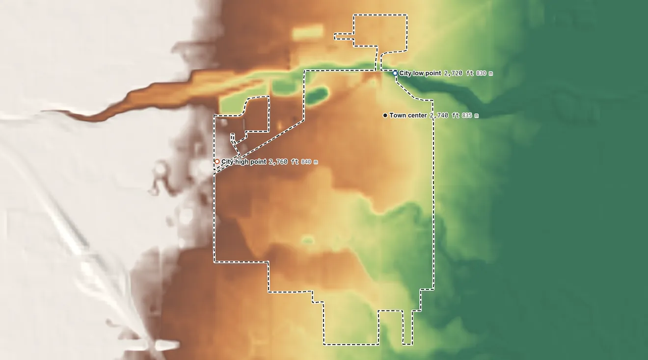 Topographic elevation map of Island City, Oregon, shaded from 2,720 ft on the north side to 2,760 ft on the west side