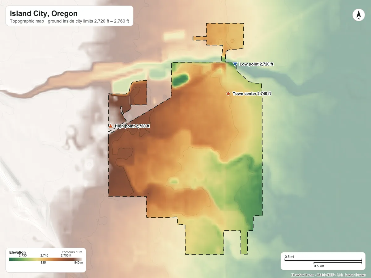 Topographic elevation map of Island City, Oregon, shaded from 2,720 ft on the north side to 2,760 ft on the west side