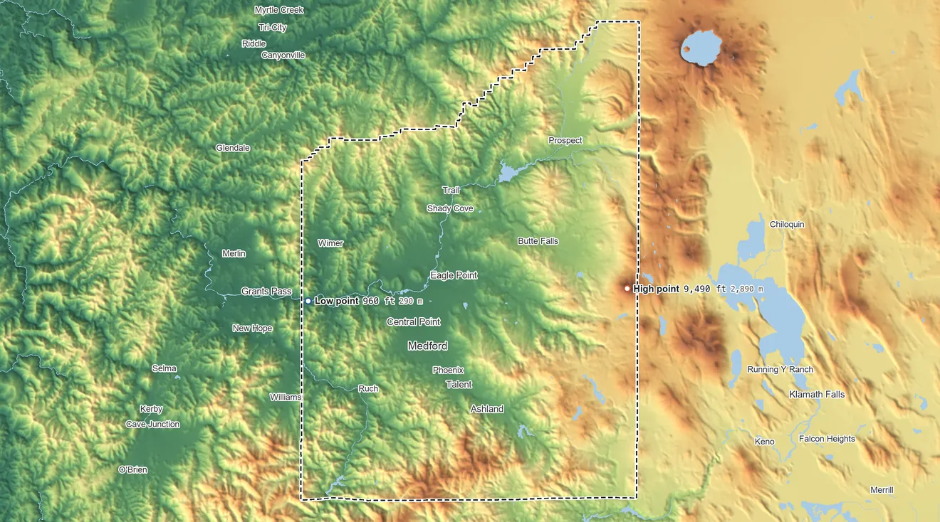 Topographic elevation map of Jackson County, Oregon, shaded from 960 ft on the west side to 9,490 ft on Mount McLoughlin