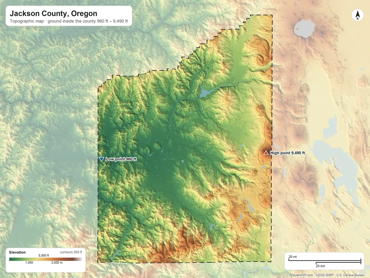 Topographic elevation map of Jackson County, Oregon, shaded from 960 ft on the west side to 9,490 ft on Mount McLoughlin