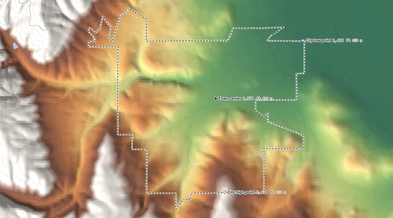 Topographic elevation map of Jacksonville, Oregon, shaded from 1,480 ft on the northeast side to 2,130 ft on the south edge, below higher ground just outside