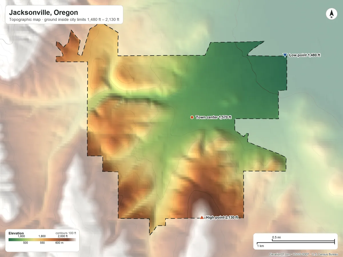 Topographic elevation map of Jacksonville, Oregon, shaded from 1,480 ft on the northeast side to 2,130 ft on the south edge, below higher ground just outside