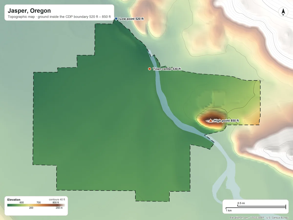 Topographic elevation map of Jasper, Oregon, shaded from 520 ft on the northwest side to 850 ft at the foot of the Coburg Hills