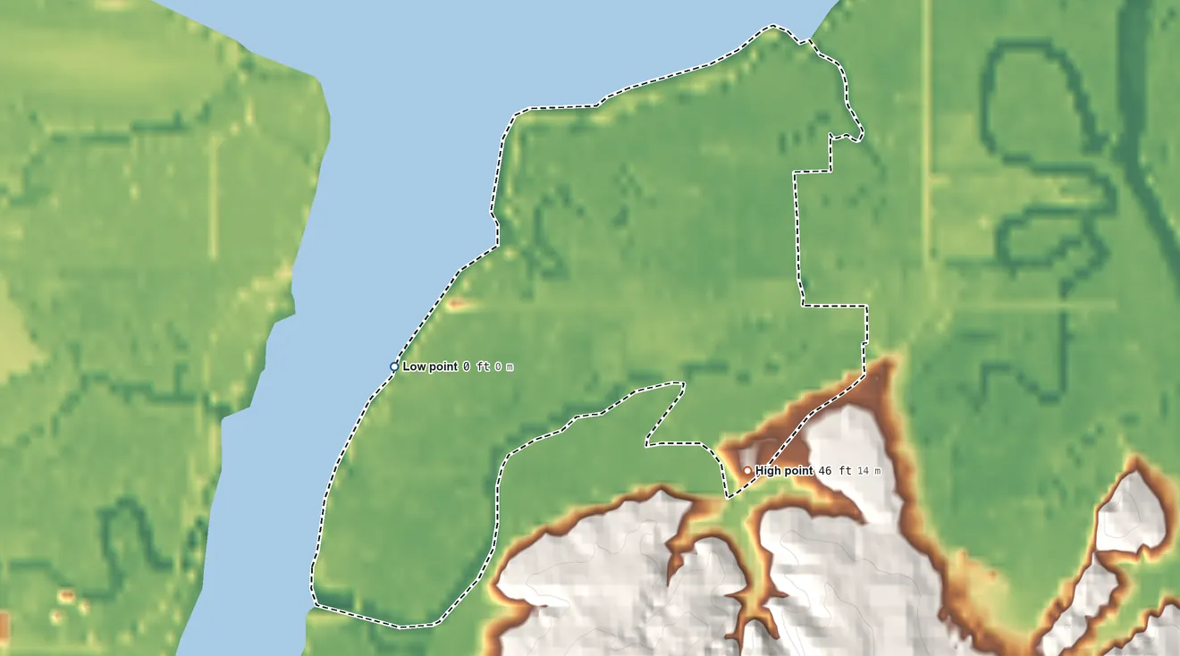 Topographic elevation map of Jeffers Gardens, Oregon, shaded from sea level level on Youngs Bay to 46 ft on the east side