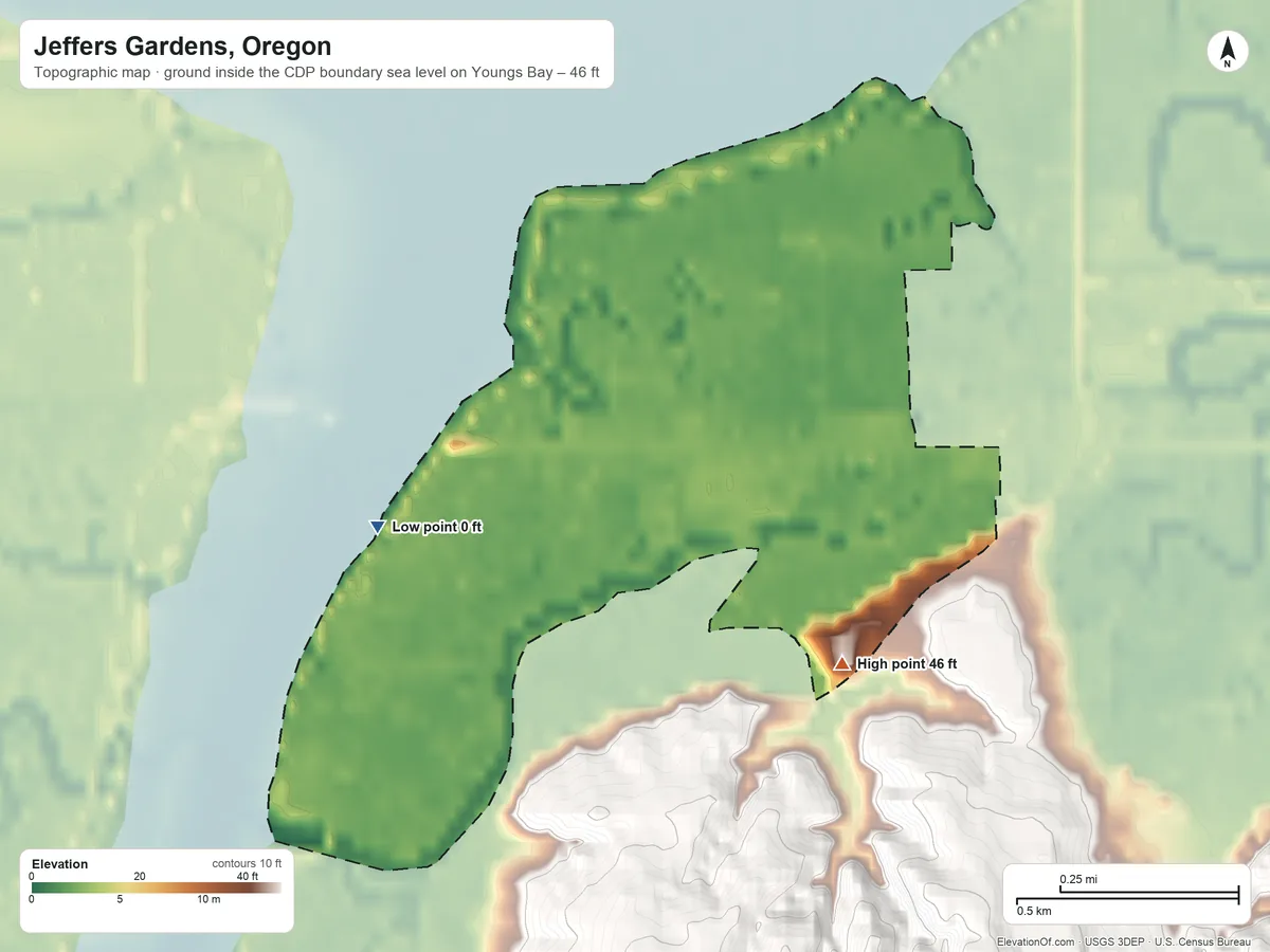 Topographic elevation map of Jeffers Gardens, Oregon, shaded from sea level level on Youngs Bay to 46 ft on the east side