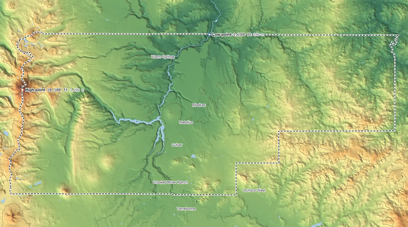 Topographic elevation map of Jefferson County, Oregon, shaded from 1,280 ft on the north side to 10,500 ft on Mount Jefferson