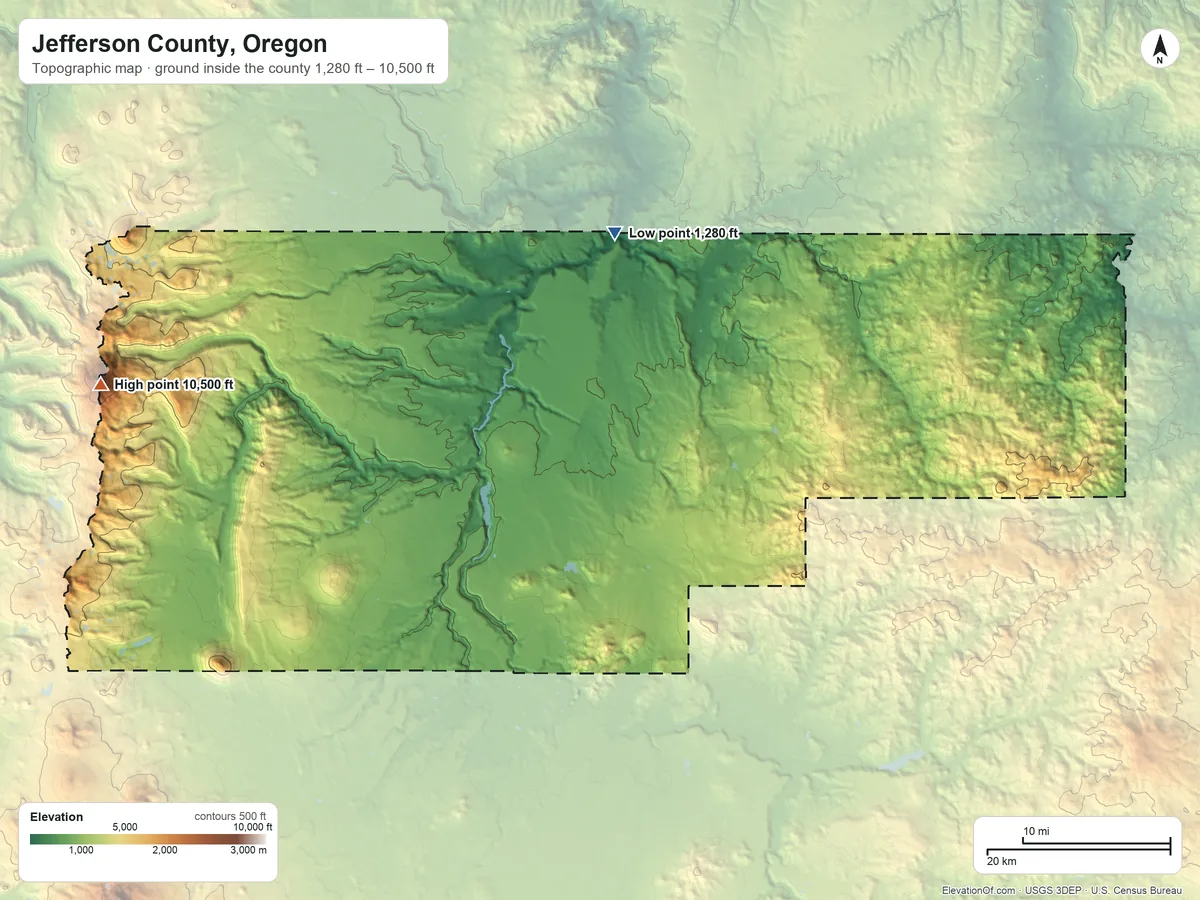 Topographic elevation map of Jefferson County, Oregon, shaded from 1,280 ft on the north side to 10,500 ft on Mount Jefferson