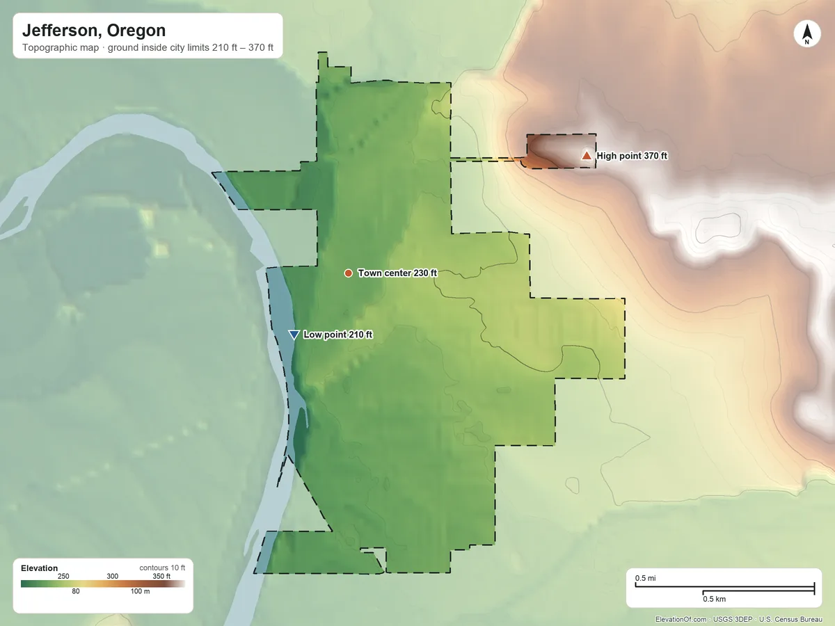 Topographic elevation map of Jefferson, Oregon, shaded from 210 ft on the southwest side to 370 ft on the northeast side