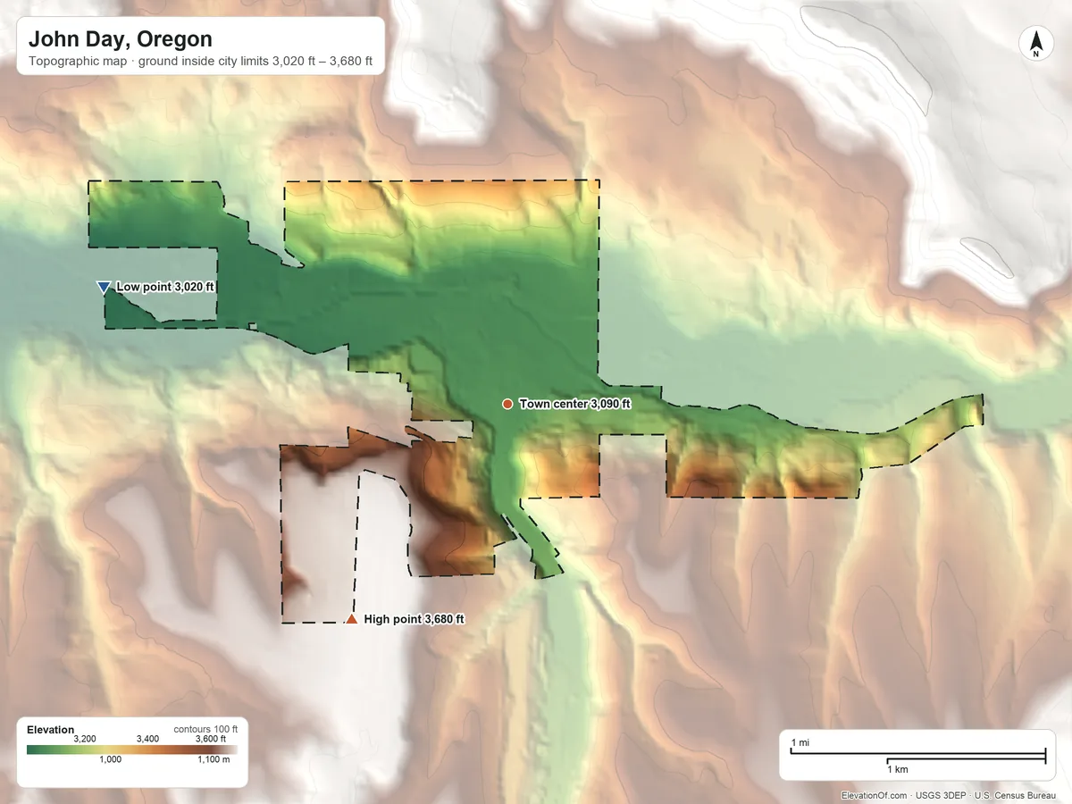 Topographic elevation map of John Day, Oregon, shaded from 3,020 ft on the west side to 3,680 ft at the foot of the Aldrich Mountains
