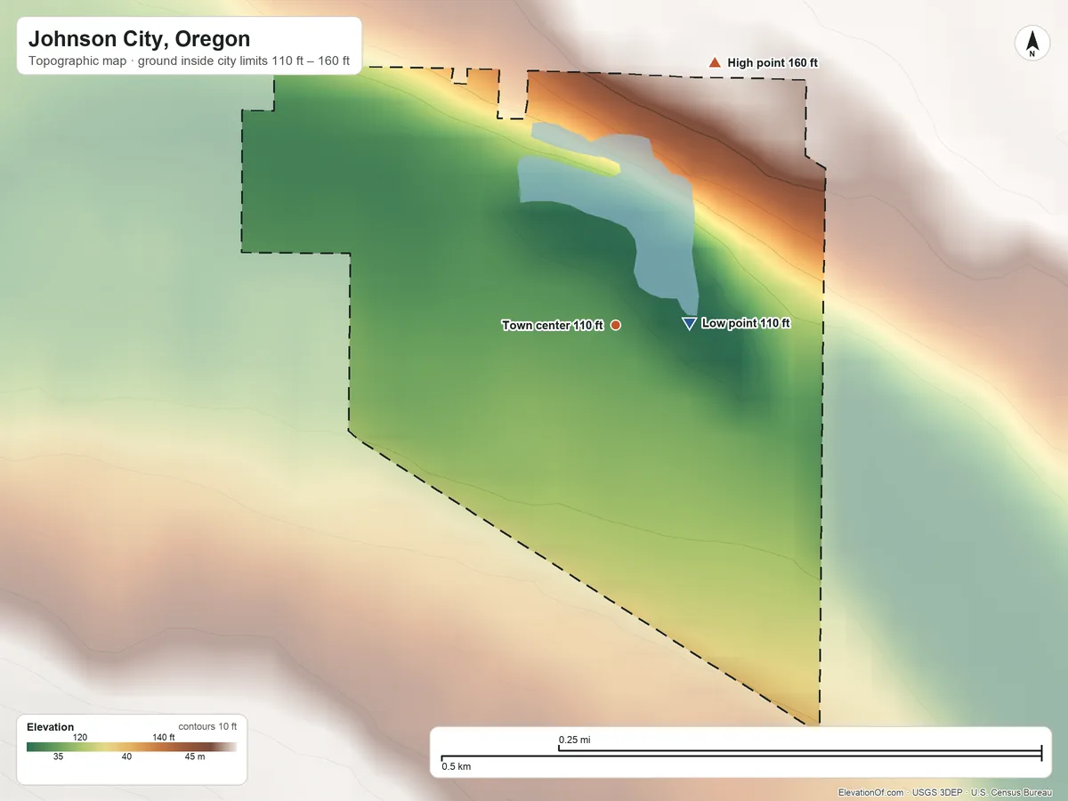 Topographic elevation map of Johnson City, Oregon, shaded from 110 ft near the middle to 160 ft on the north edge, below higher ground just outside