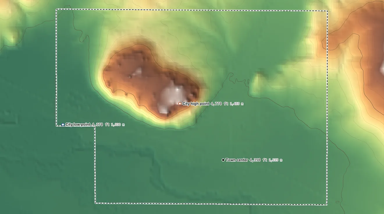 Topographic elevation map of Jordan Valley, Oregon, shaded from 4,370 ft on the west side to 4,770 ft on Pharmacy Hill