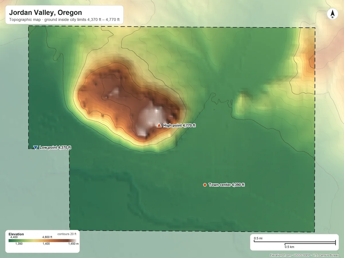 Topographic elevation map of Jordan Valley, Oregon, shaded from 4,370 ft on the west side to 4,770 ft on Pharmacy Hill