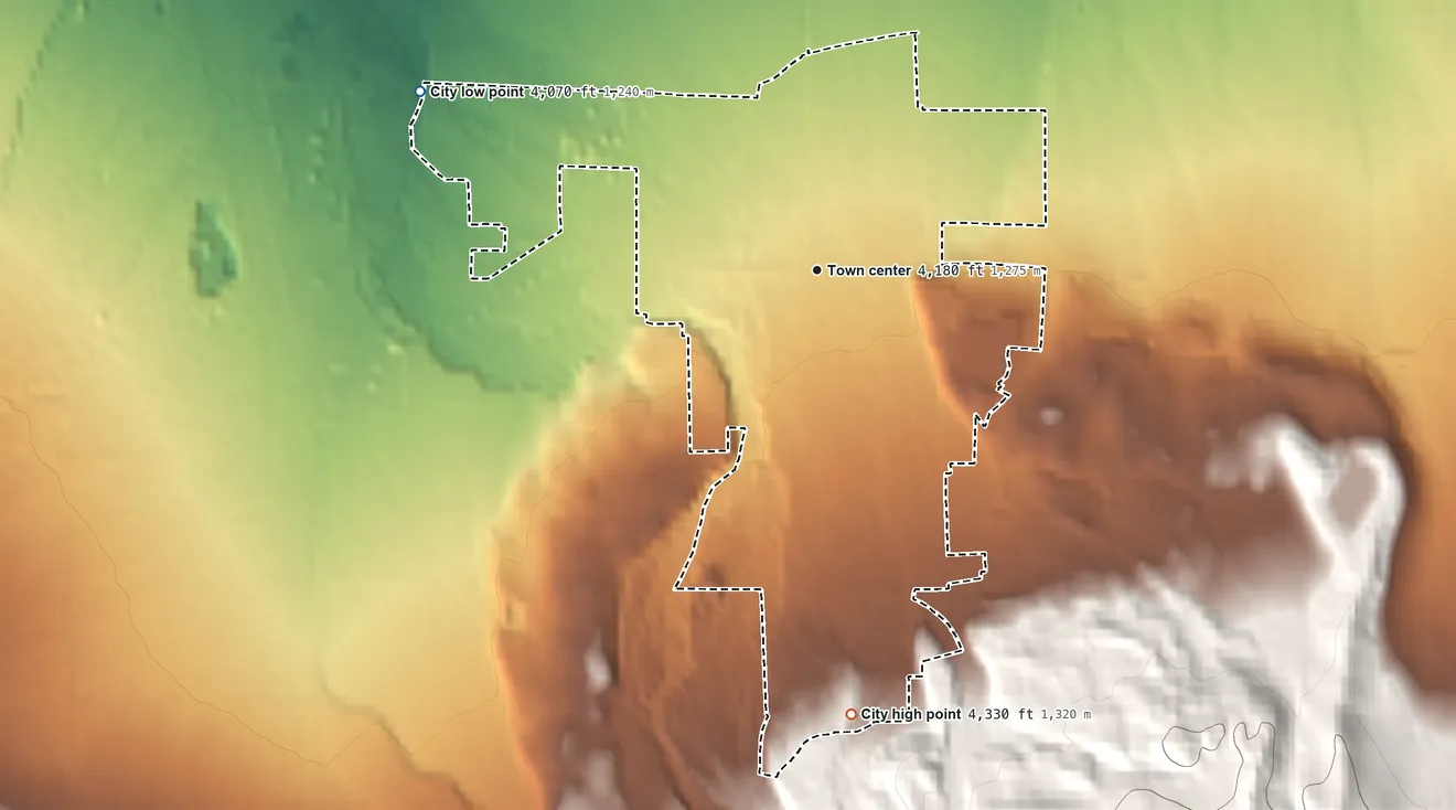 Topographic elevation map of Joseph, Oregon, shaded from 4,070 ft on the northwest side to 4,330 ft at the foot of the Wallowa Mountains