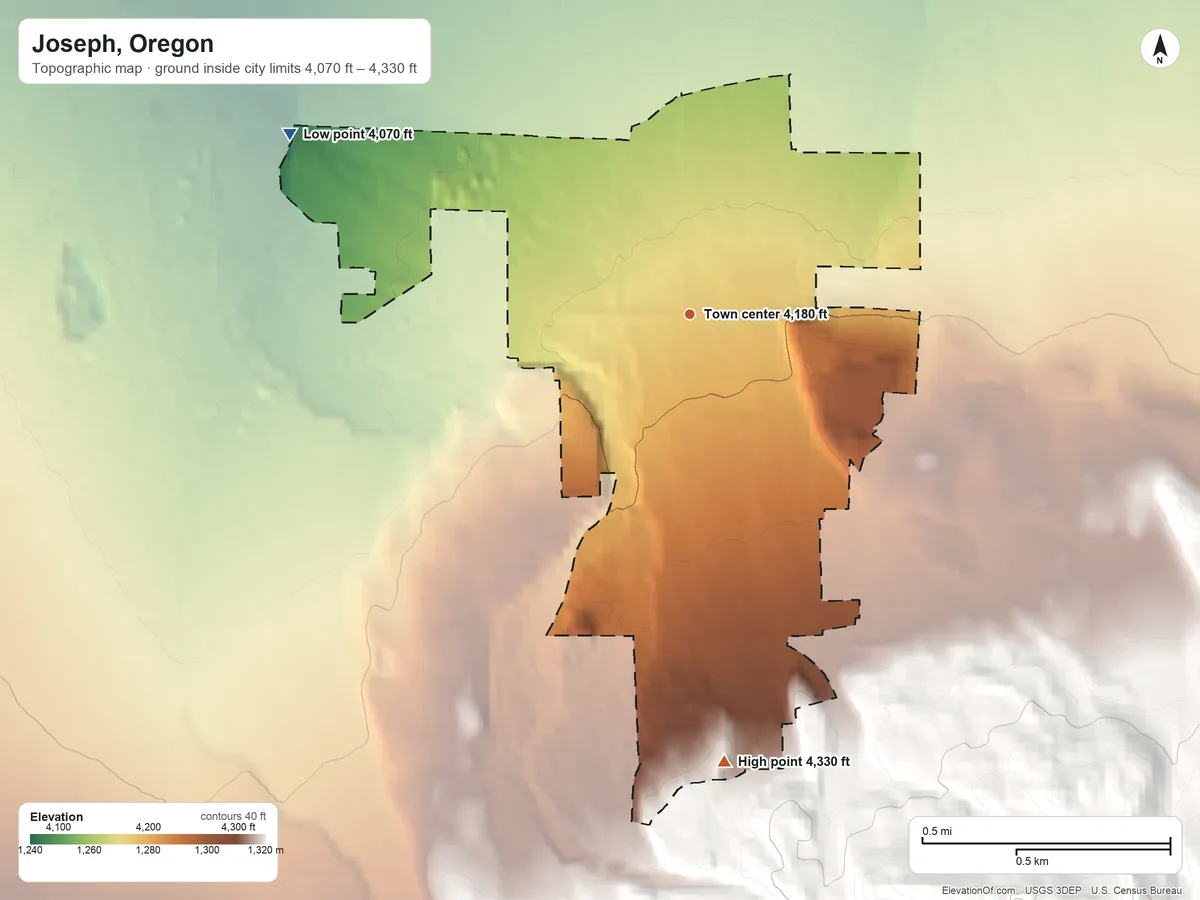 Topographic elevation map of Joseph, Oregon, shaded from 4,070 ft on the northwest side to 4,330 ft at the foot of the Wallowa Mountains
