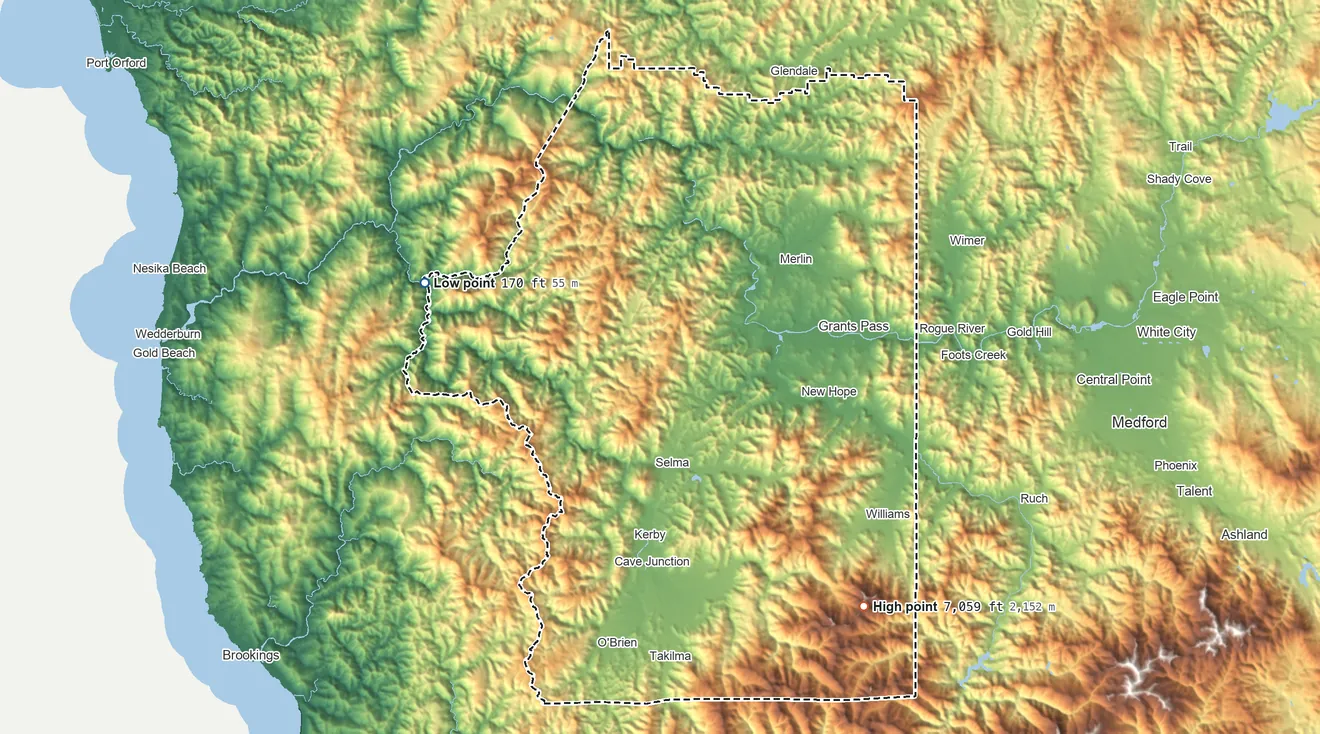 Topographic elevation map of Josephine County, Oregon, shaded from 170 ft on the west side to 7,059 ft on Grayback Mountain