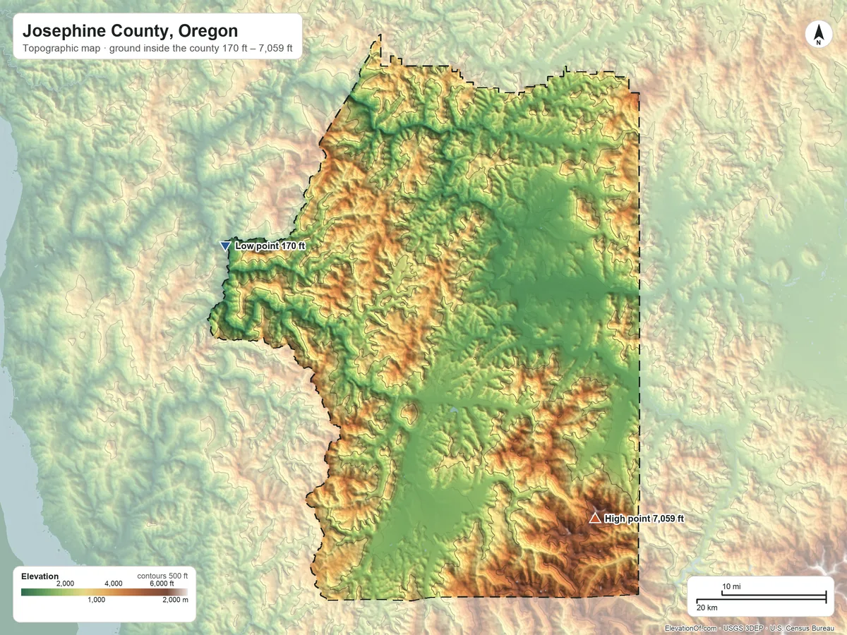 Topographic elevation map of Josephine County, Oregon, shaded from 170 ft on the west side to 7,059 ft on Grayback Mountain