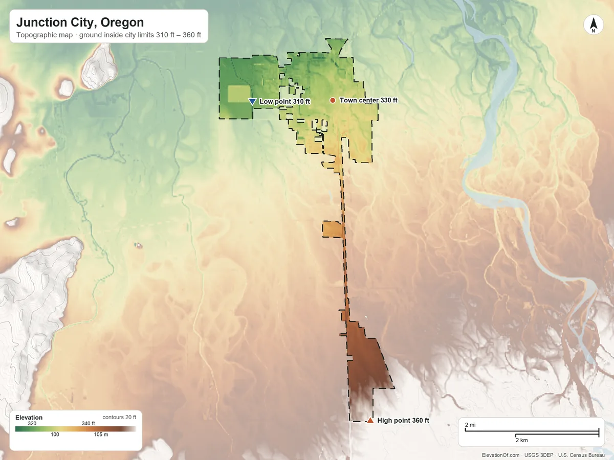 Topographic elevation map of Junction City, Oregon, shaded from 310 ft on the west side to 360 ft on the south side