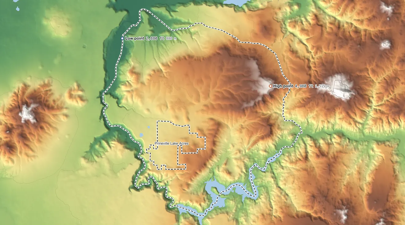 Topographic elevation map of Juniper Canyon, Oregon, shaded from 2,880 ft on the northwest side to 4,980 ft on the east side