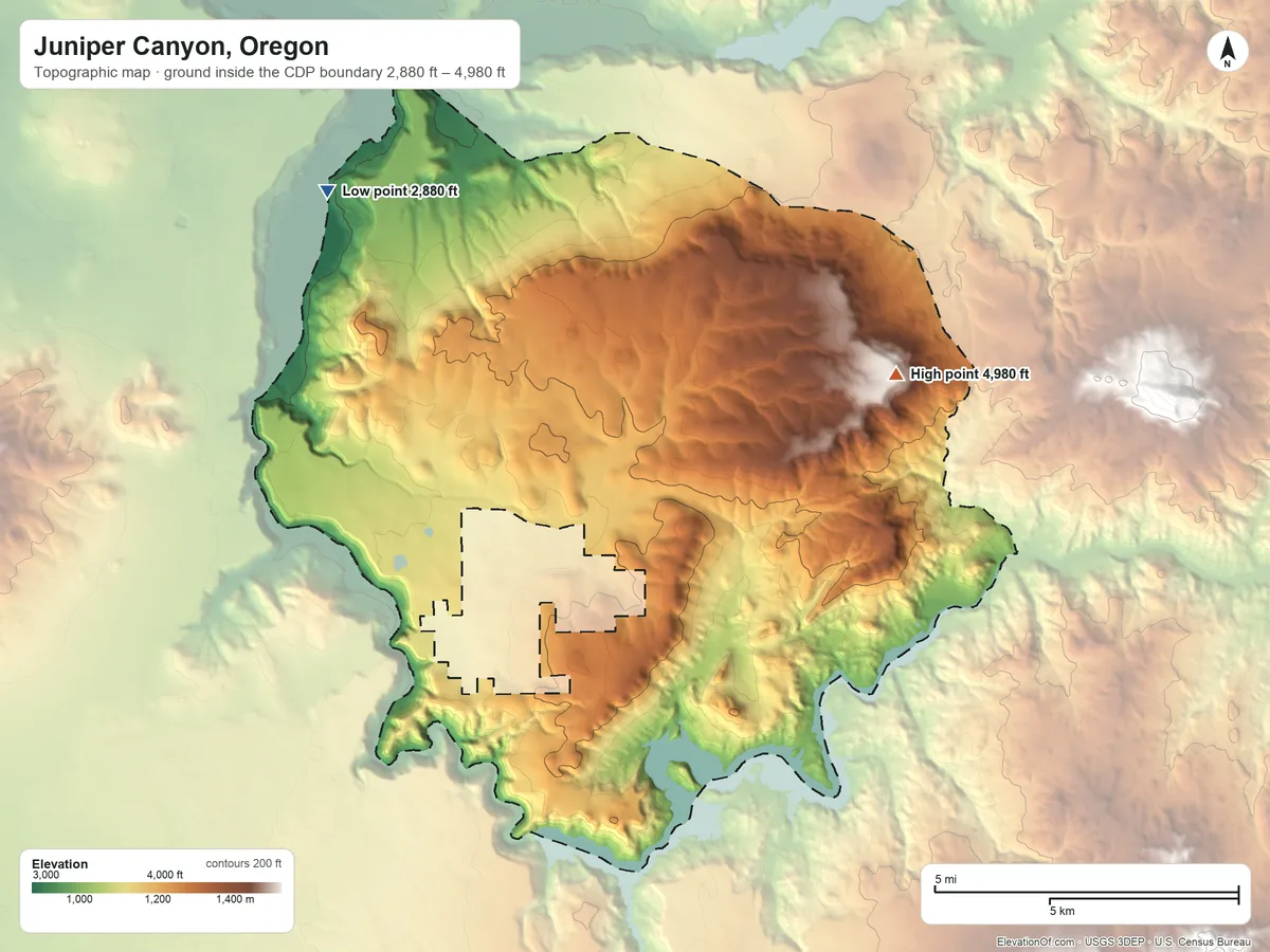 Topographic elevation map of Juniper Canyon, Oregon, shaded from 2,880 ft on the northwest side to 4,980 ft on the east side