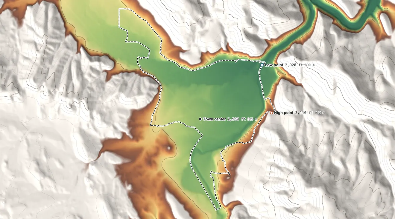 Topographic elevation map of Juntura, Oregon, shaded from 2,920 ft on the northeast side to 3,110 ft on the east edge, below higher ground just outside