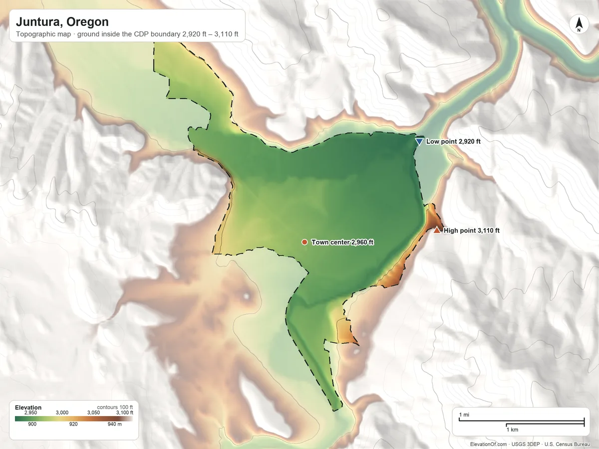 Topographic elevation map of Juntura, Oregon, shaded from 2,920 ft on the northeast side to 3,110 ft on the east edge, below higher ground just outside