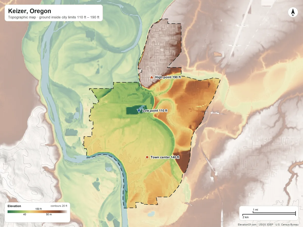 Topographic elevation map of Keizer, Oregon, shaded from 110 ft on the north side to 190 ft on the north side
