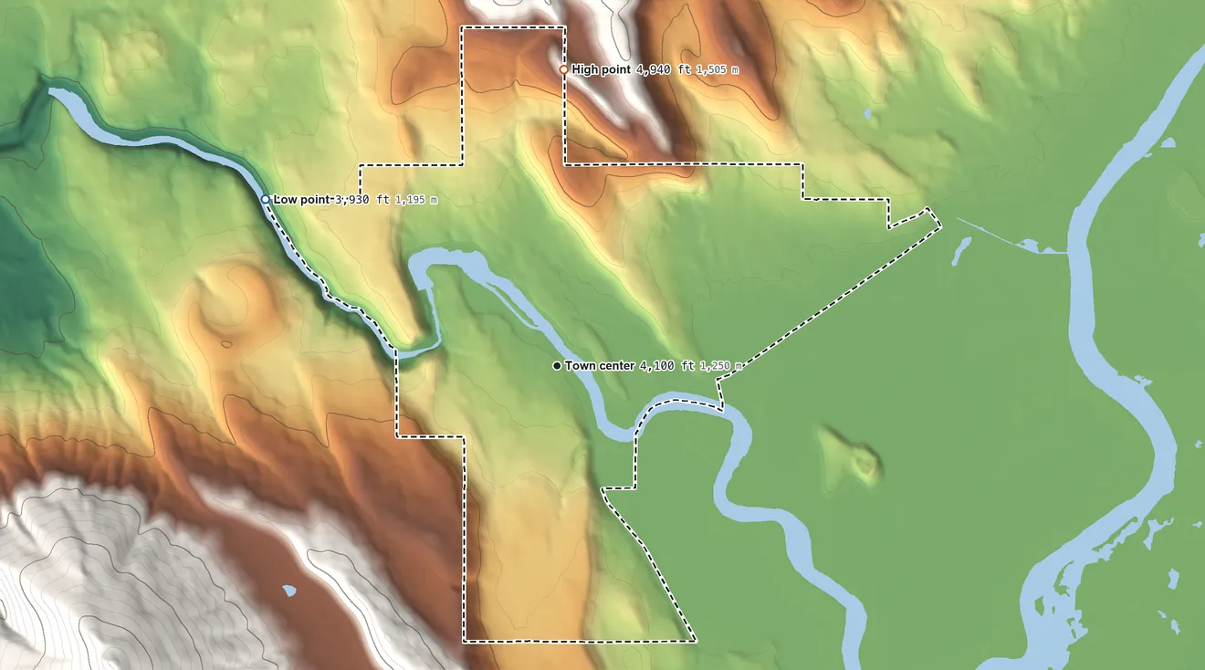 Topographic elevation map of Keno, Oregon, shaded from 3,930 ft on the northwest side to 4,940 ft at the foot of the Klamath Hills