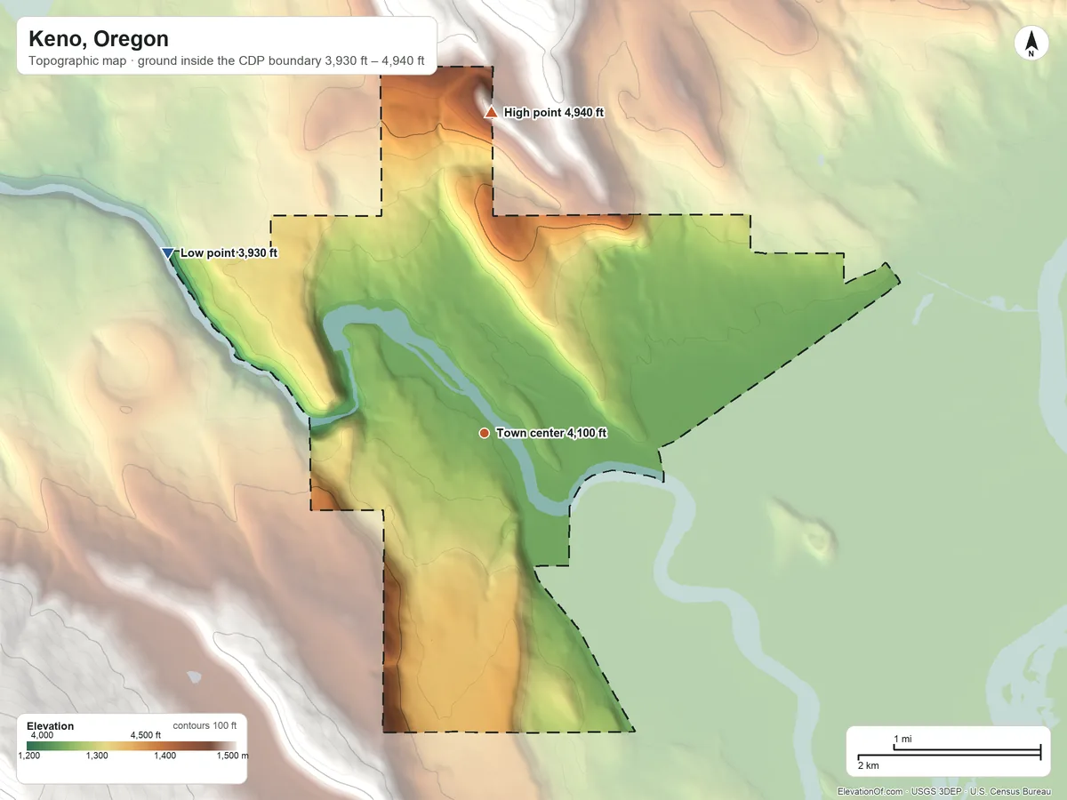 Topographic elevation map of Keno, Oregon, shaded from 3,930 ft on the northwest side to 4,940 ft at the foot of the Klamath Hills