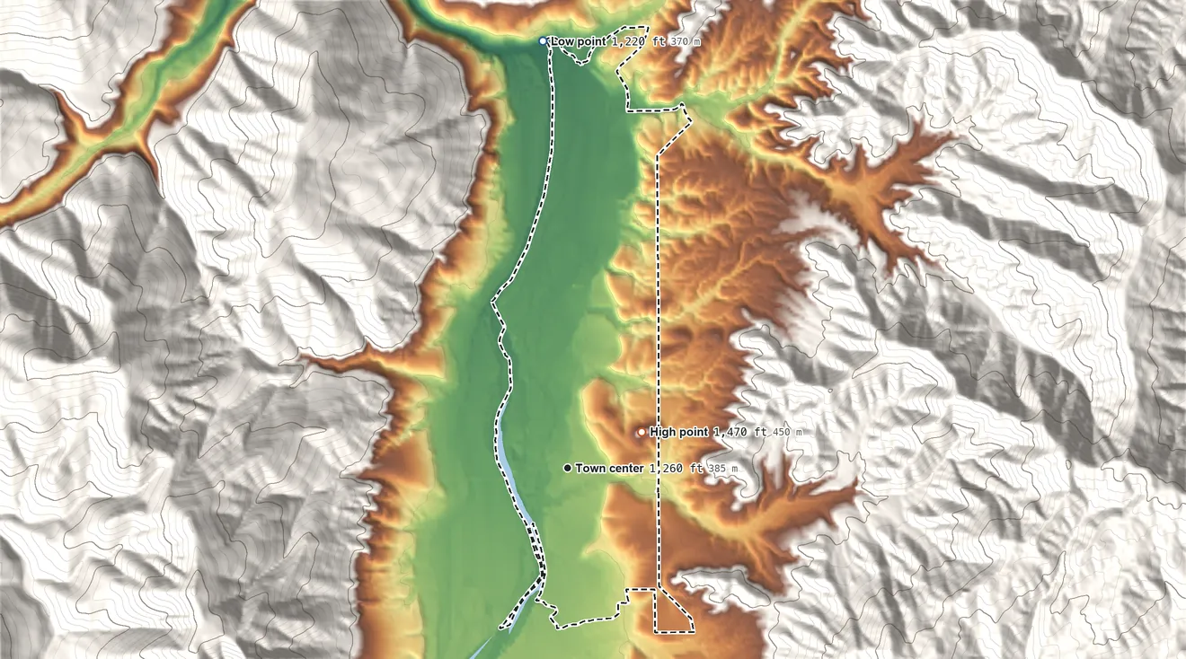 Topographic elevation map of Kerby, Oregon, shaded from 1,220 ft on the north side to 1,470 ft on the northeast edge, below higher ground just outside