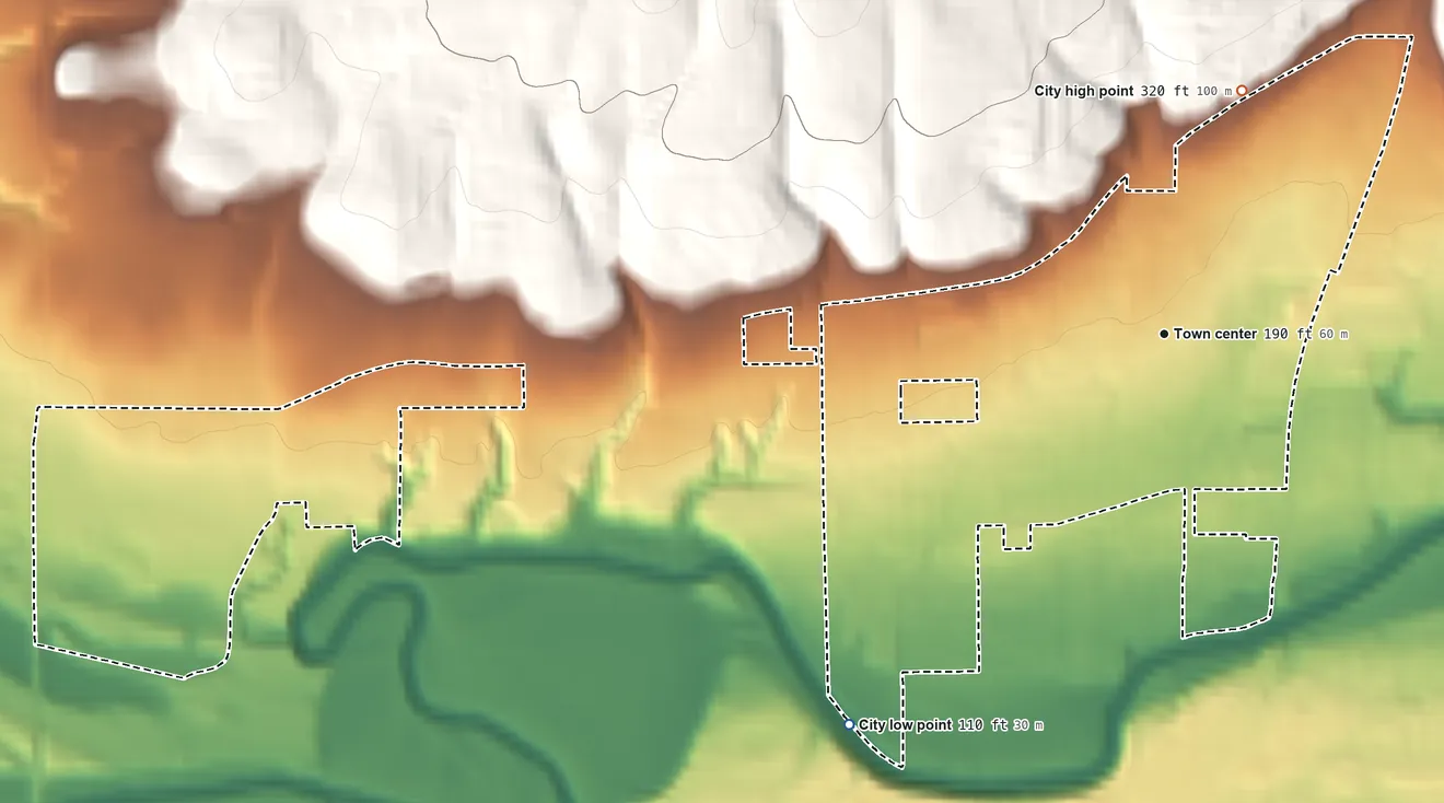 Topographic elevation map of King City, Oregon, shaded from 110 ft on the southwest side to 320 ft at the foot of the Chehalem Mountains