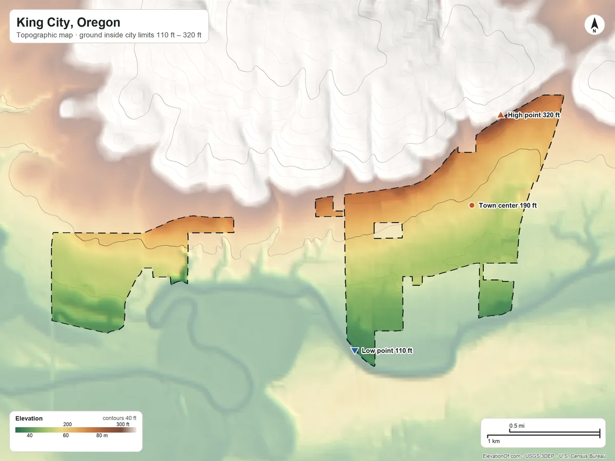 Topographic elevation map of King City, Oregon, shaded from 110 ft on the southwest side to 320 ft at the foot of the Chehalem Mountains