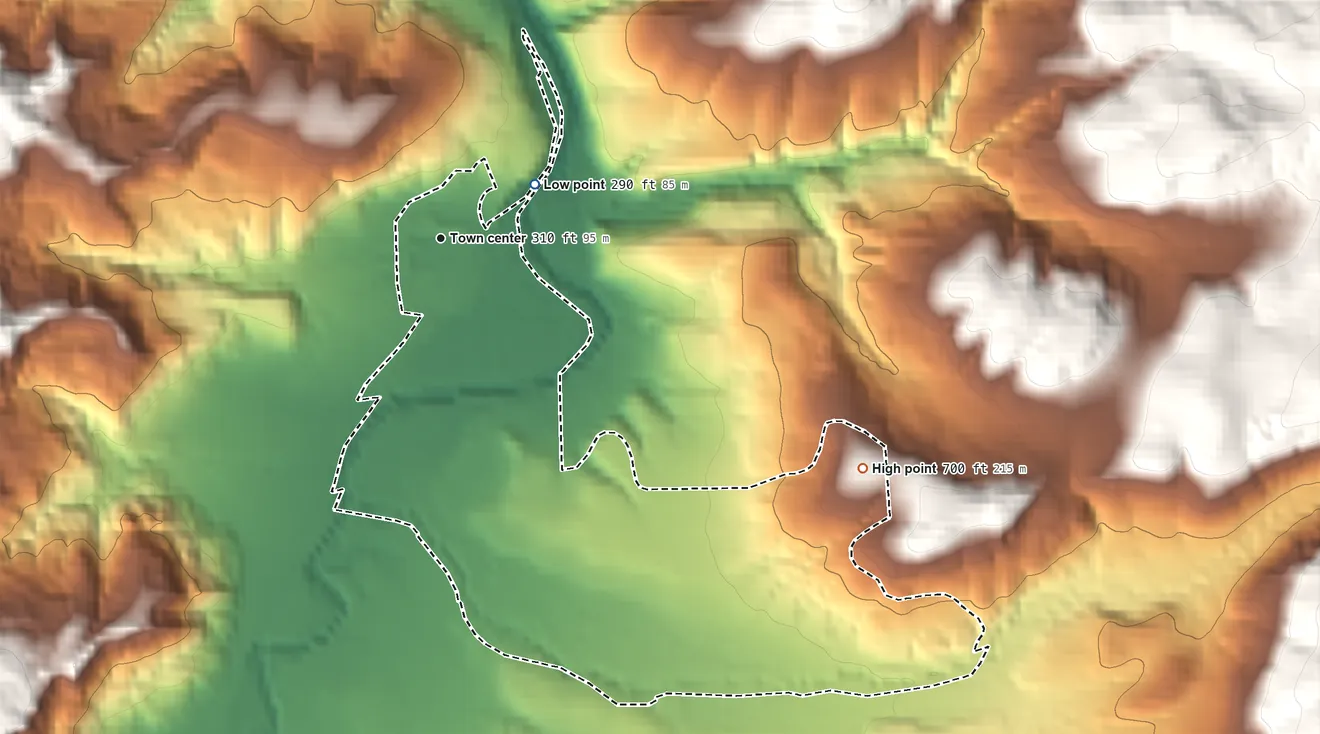 Topographic elevation map of Kings Valley, Oregon, shaded from 290 ft on the northeast side to 700 ft at the foot of the Cardwell Hills
