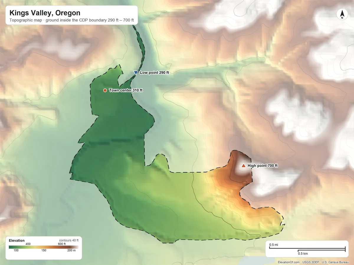 Topographic elevation map of Kings Valley, Oregon, shaded from 290 ft on the northeast side to 700 ft at the foot of the Cardwell Hills