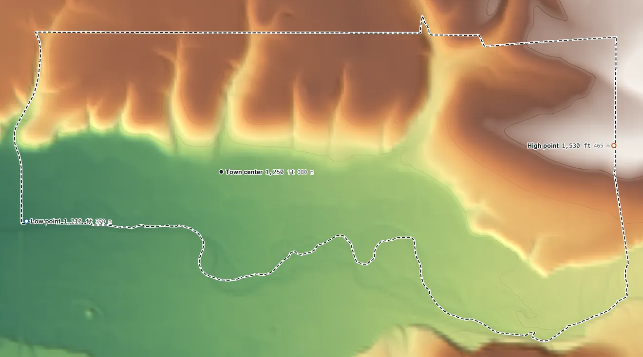 Topographic elevation map of Kirkpatrick, Oregon, shaded from 1,210 ft on the west side to 1,530 ft on the east side