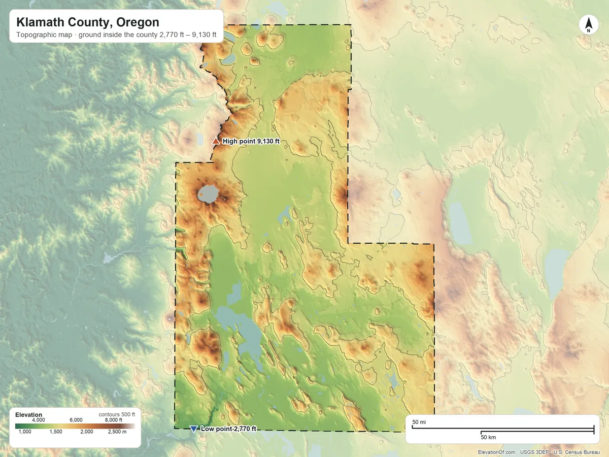 Topographic elevation map of Klamath County, Oregon, shaded from 2,770 ft on the southwest side to 9,130 ft on Mount Thielsen