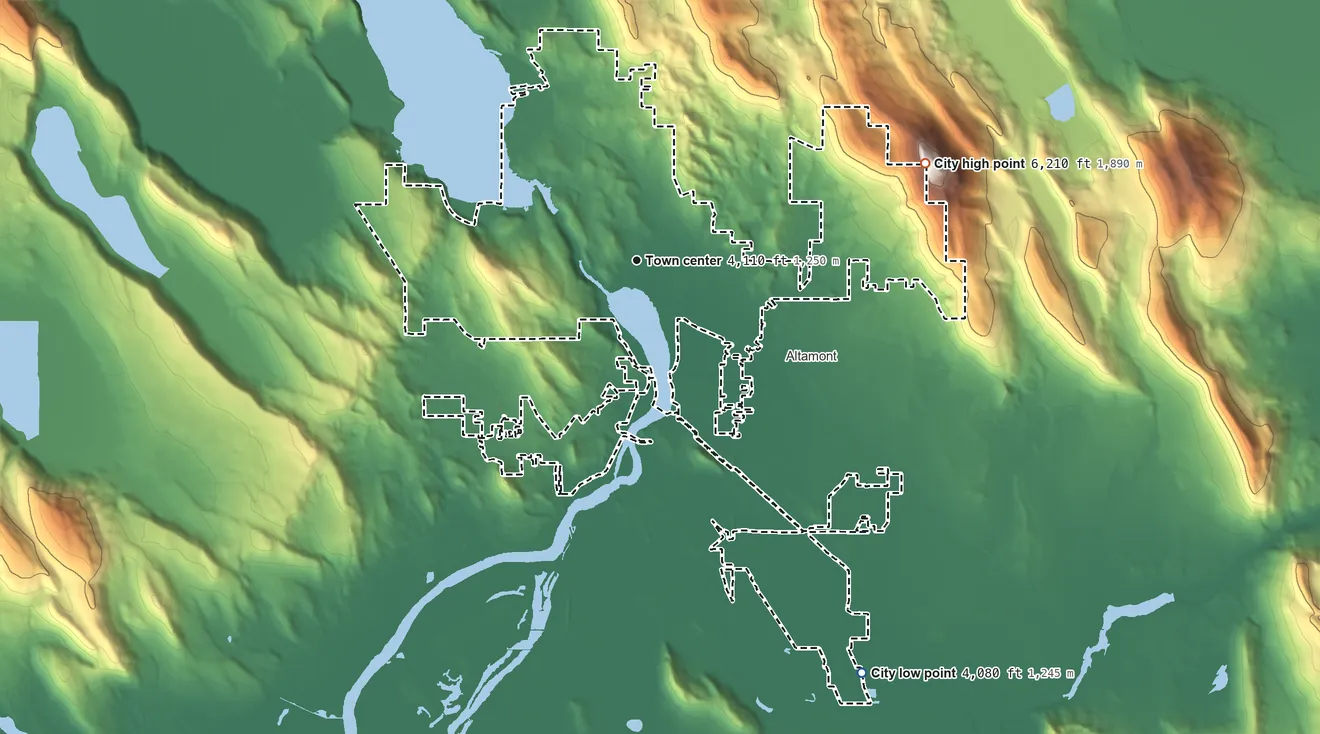 Topographic elevation map of Klamath Falls, Oregon, shaded from 4,080 ft on the southeast side to 6,205 ft on Hogback Mountain