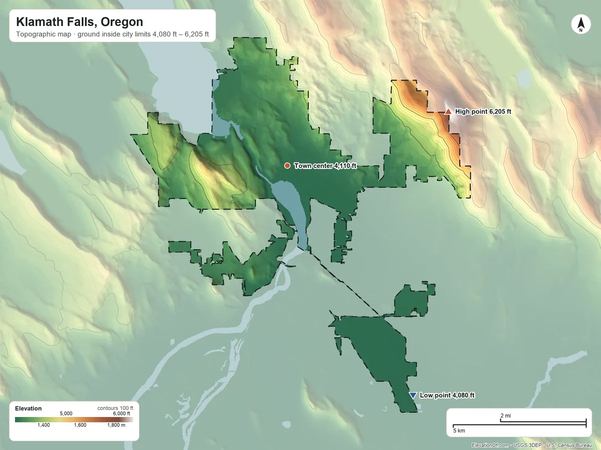 Topographic elevation map of Klamath Falls, Oregon, shaded from 4,080 ft on the southeast side to 6,205 ft on Hogback Mountain